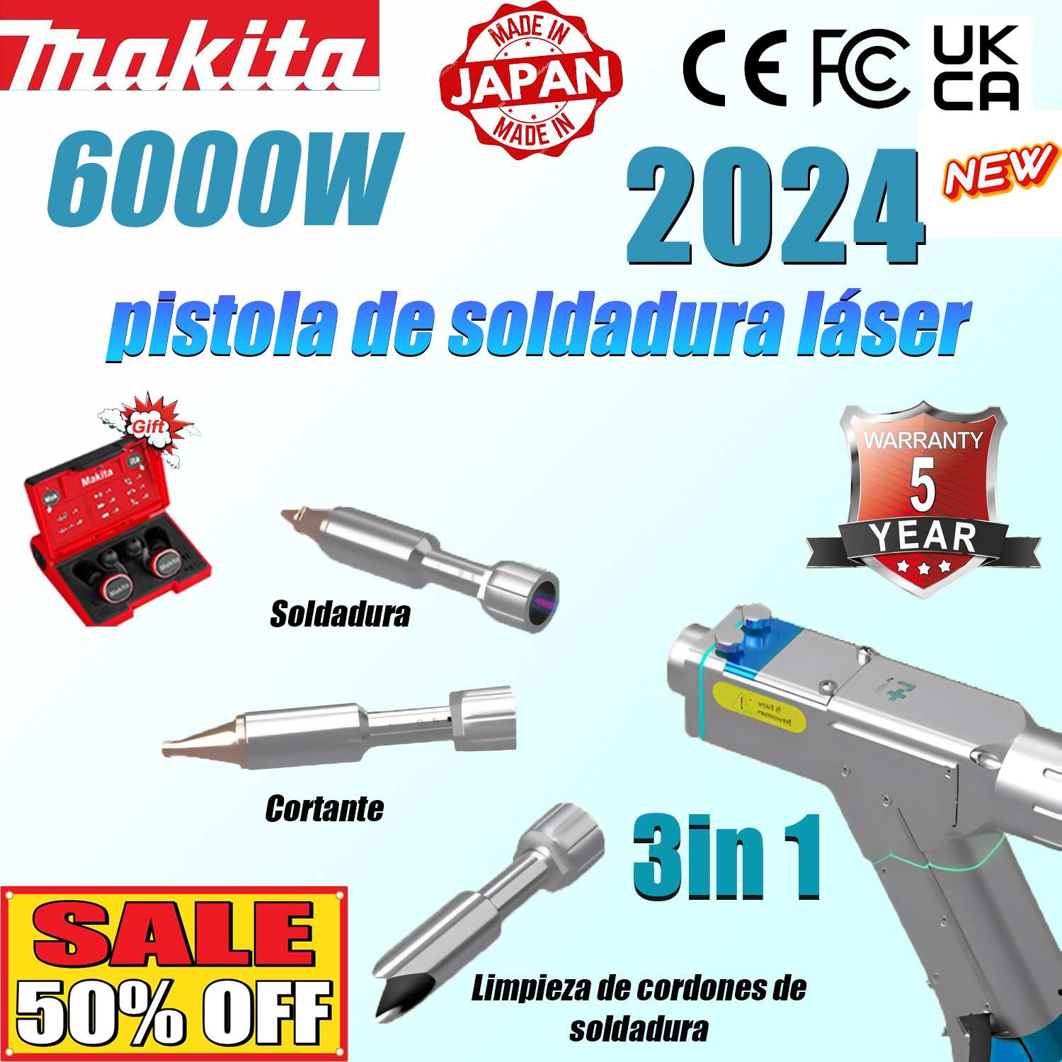 6000W 【3 en 1】: Soldadura + limpieza + corte (velocidad 10m/min, espesor 0-10mm)