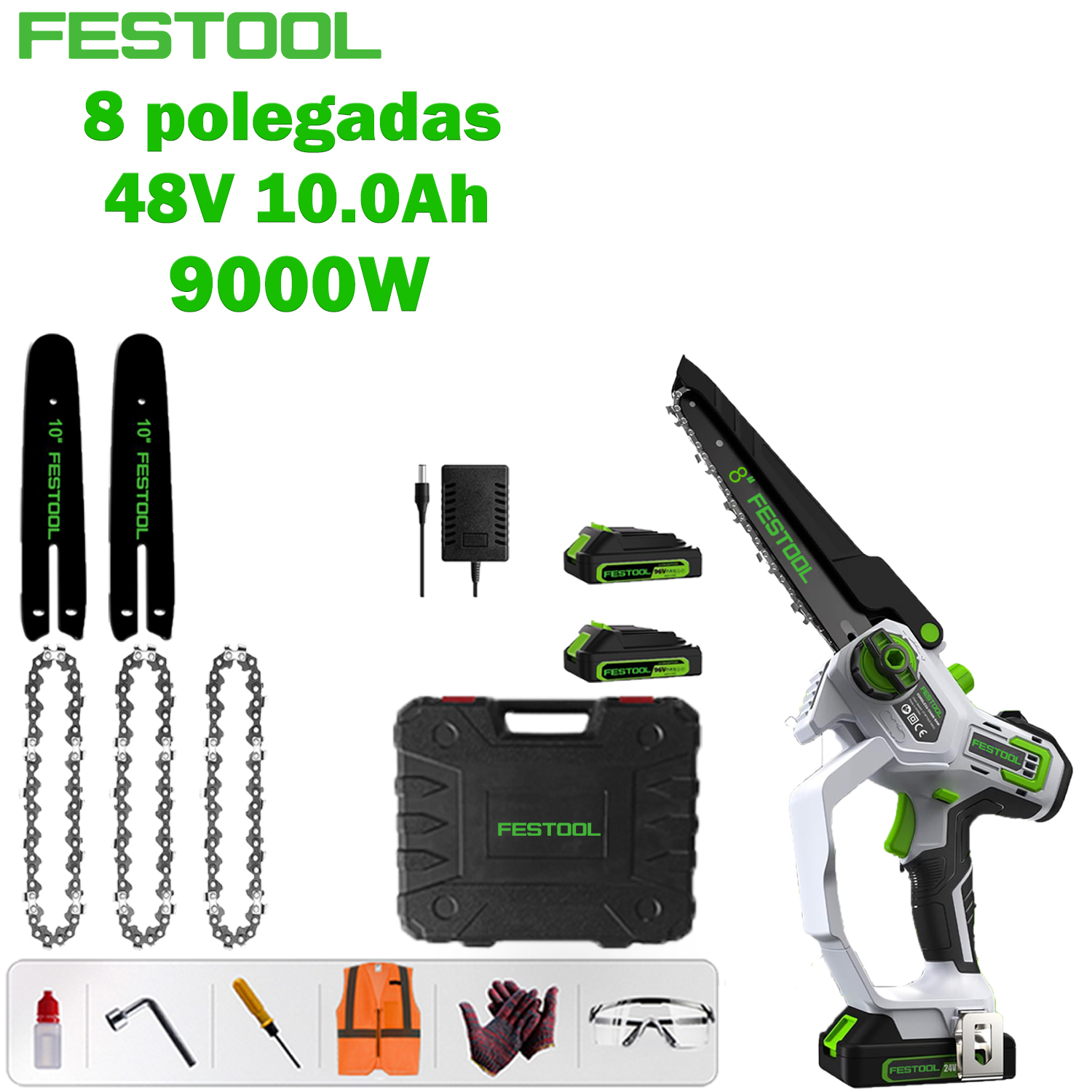 [La última motosierra de litio sin escobillas de Festool] Modelo básico de 8 pulgadas: motor sin escobillas de 9000 W + batería de litio de 48 V 10,0 Ah * 1, una batería puede durar 15 horas + placa guía * 2 + cadena * 3 + caja de herramientas + bolsa de suministros de trabajo seguro (Gafas , guantes, etc.) + cargador de carga rápida + 5 años de garantía