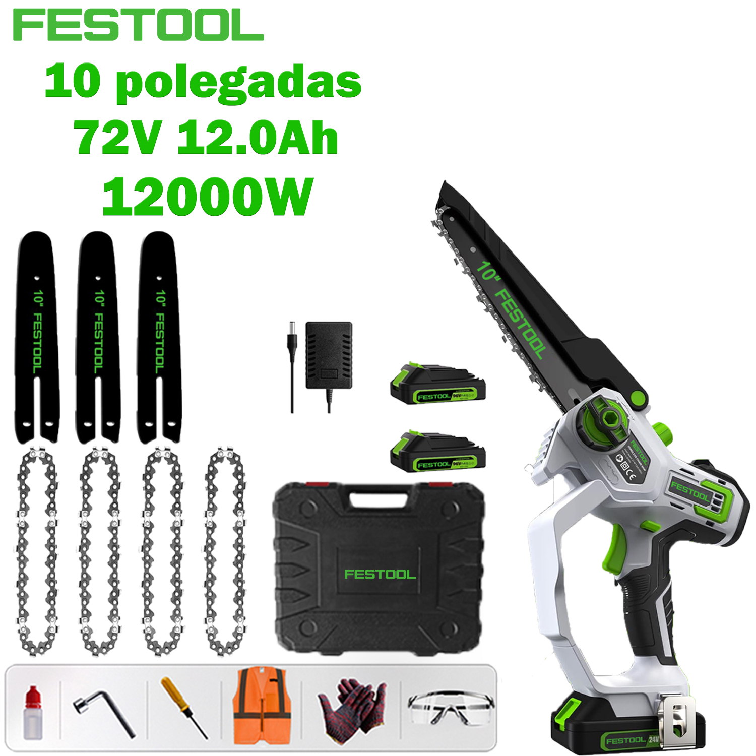 [La última motosierra de litio sin escobillas de Festool] Modelo básico de 10 pulgadas: motor sin escobillas de 12.000 W + batería de litio de 72 V 12,0 Ah * 2, una batería puede durar 18 horas + placa guía * 3 + cadena * 4 + caja de herramientas + bolsa de suministro de mano de obra segura ( Gafas, guantes, etc.) + cargador de carga rápida + 7 años de garantía